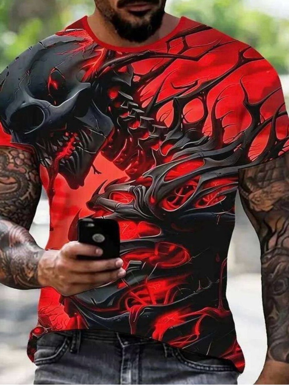 Men's Red & Black Graphic Skull Short Sleeve Tee
